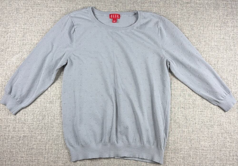 ELLE Womens L Gray Blue Swiss Dot Textured Crewneck Pullover Sweater